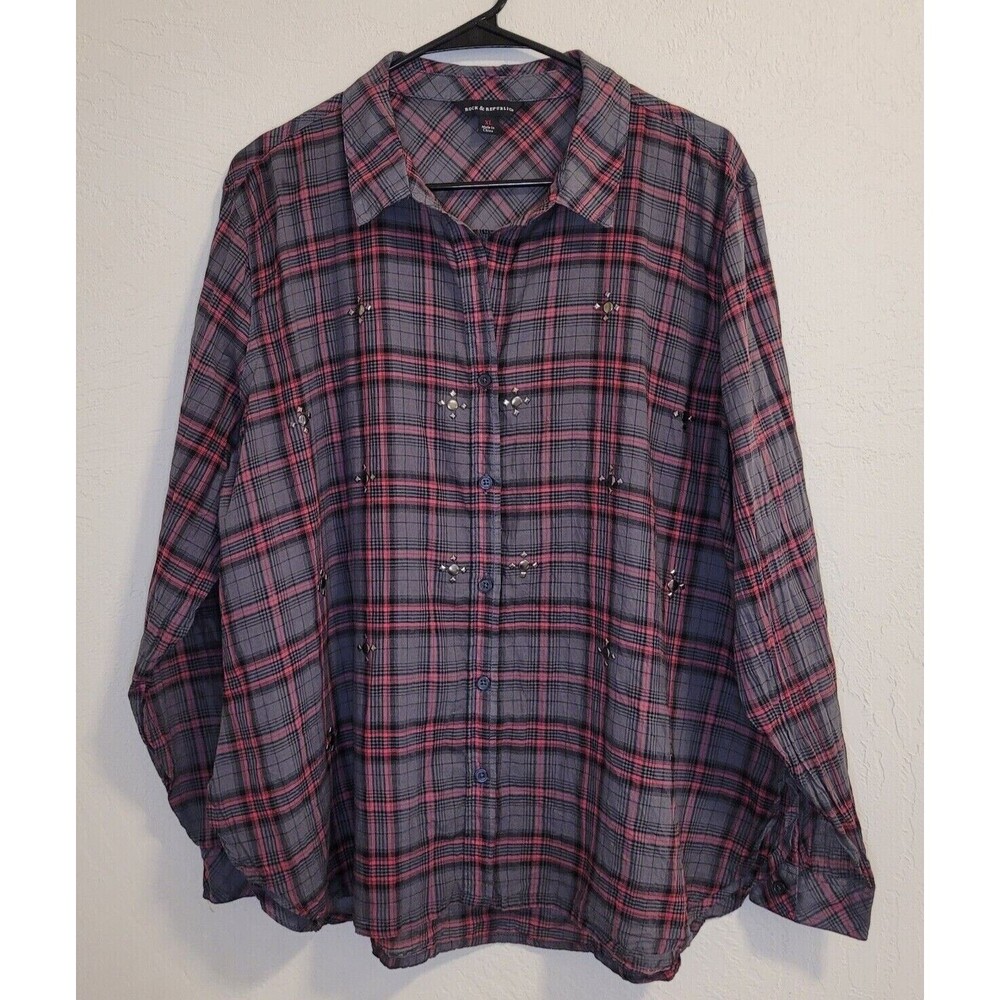 Rock & Republic Women’s Plaid Button Up Shirt Size XL Embellished w /Metal Studs